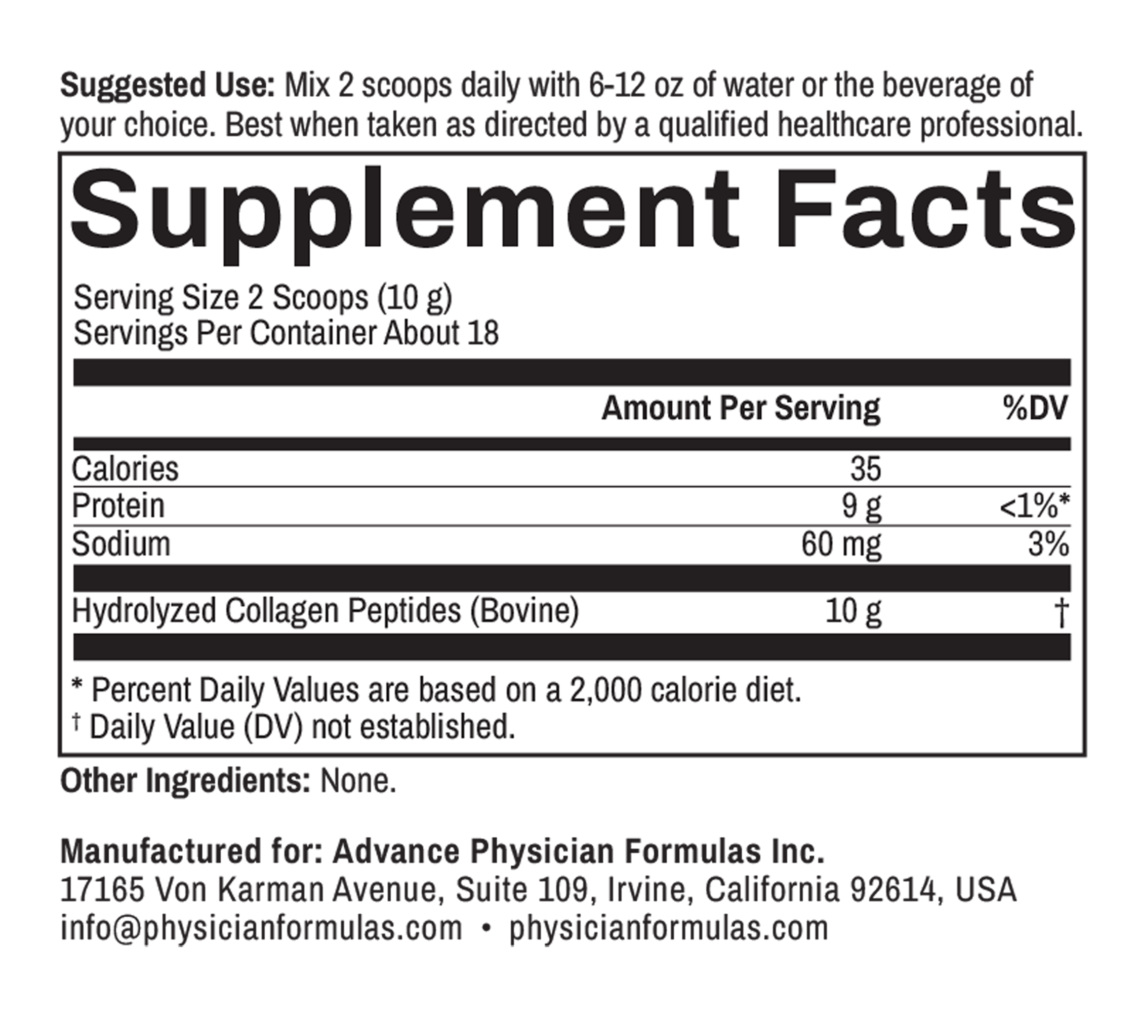 Bovine Collagen Peptides Powder, 6.17 oz (175 g) - Side Panel View - Advance Physician Formulas