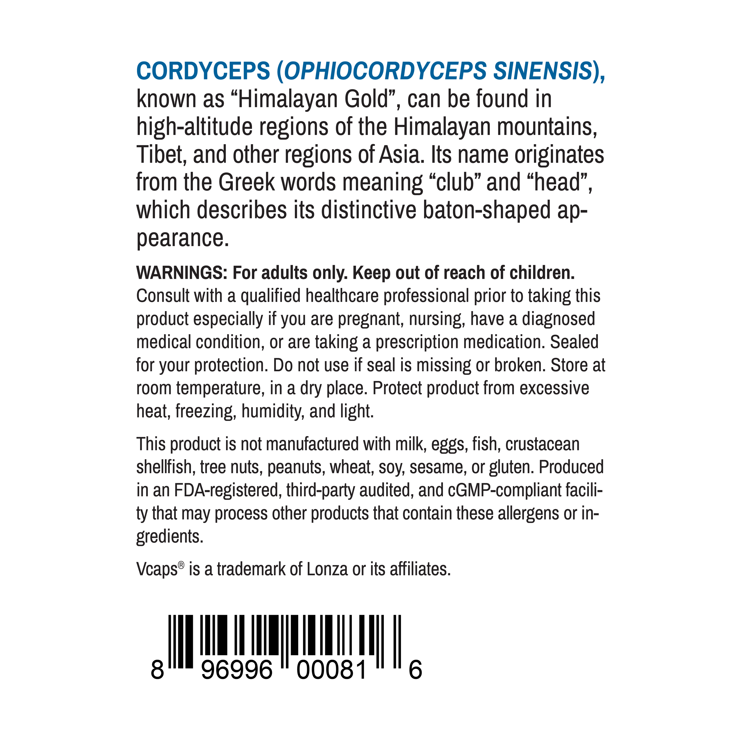 Cordyceps Sinensis, 600 mg, 60 Vegetable Capsules - Close-up Detail - Advance Physician Formulas