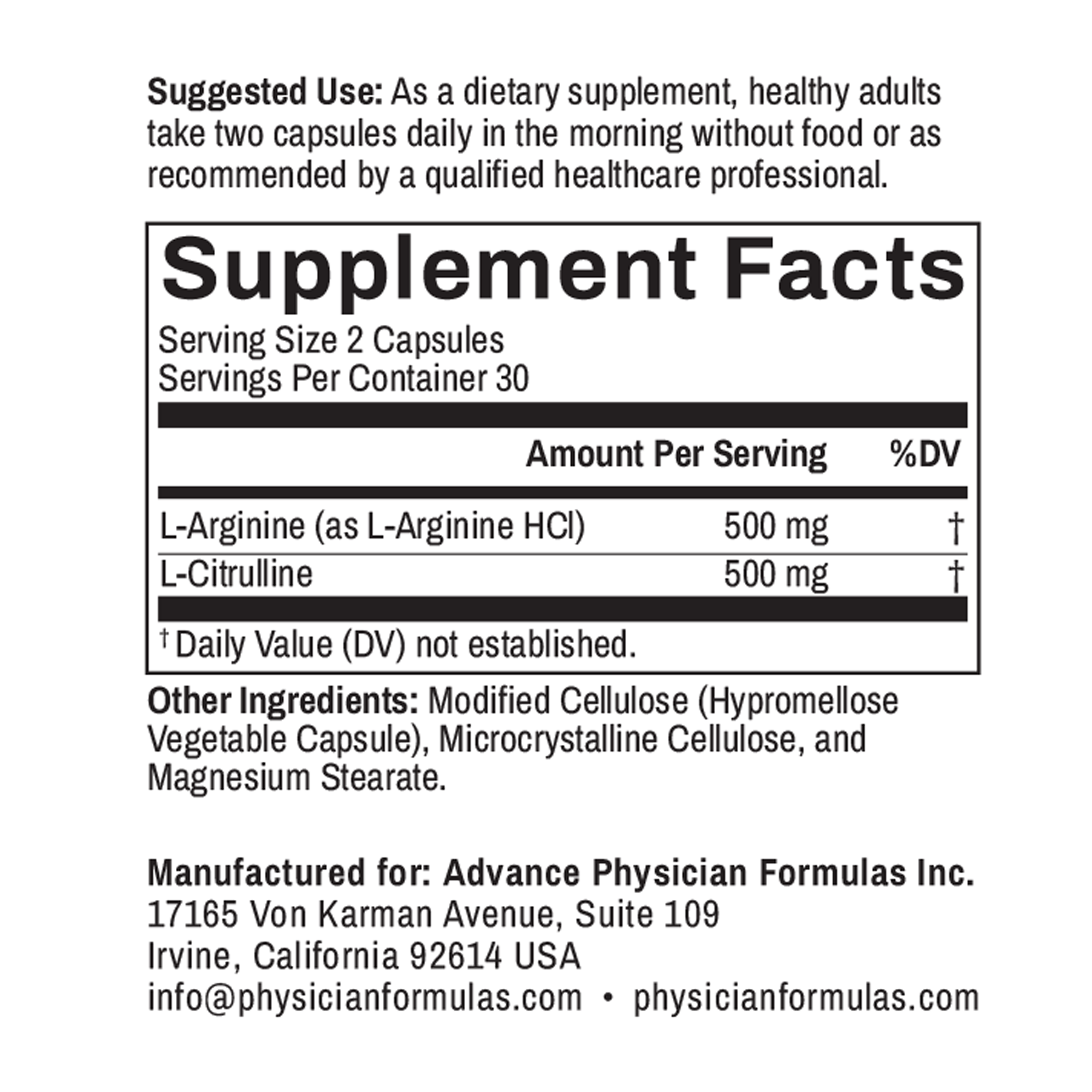 L-Arginine 500 mg, L-Citruline 500 mg, 60 Vegetable Capsules