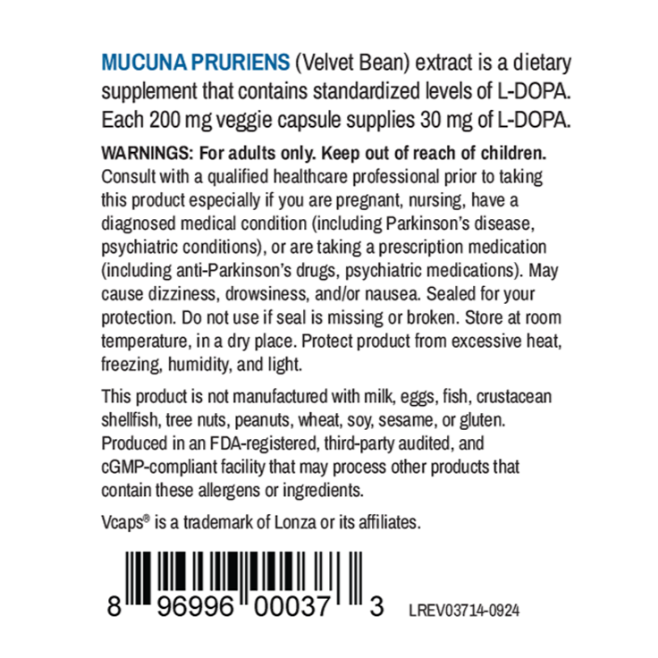 Mucuna Pruriens Extract, 15% L-Dopa, 200 mg, 60 Vegetable Capsules