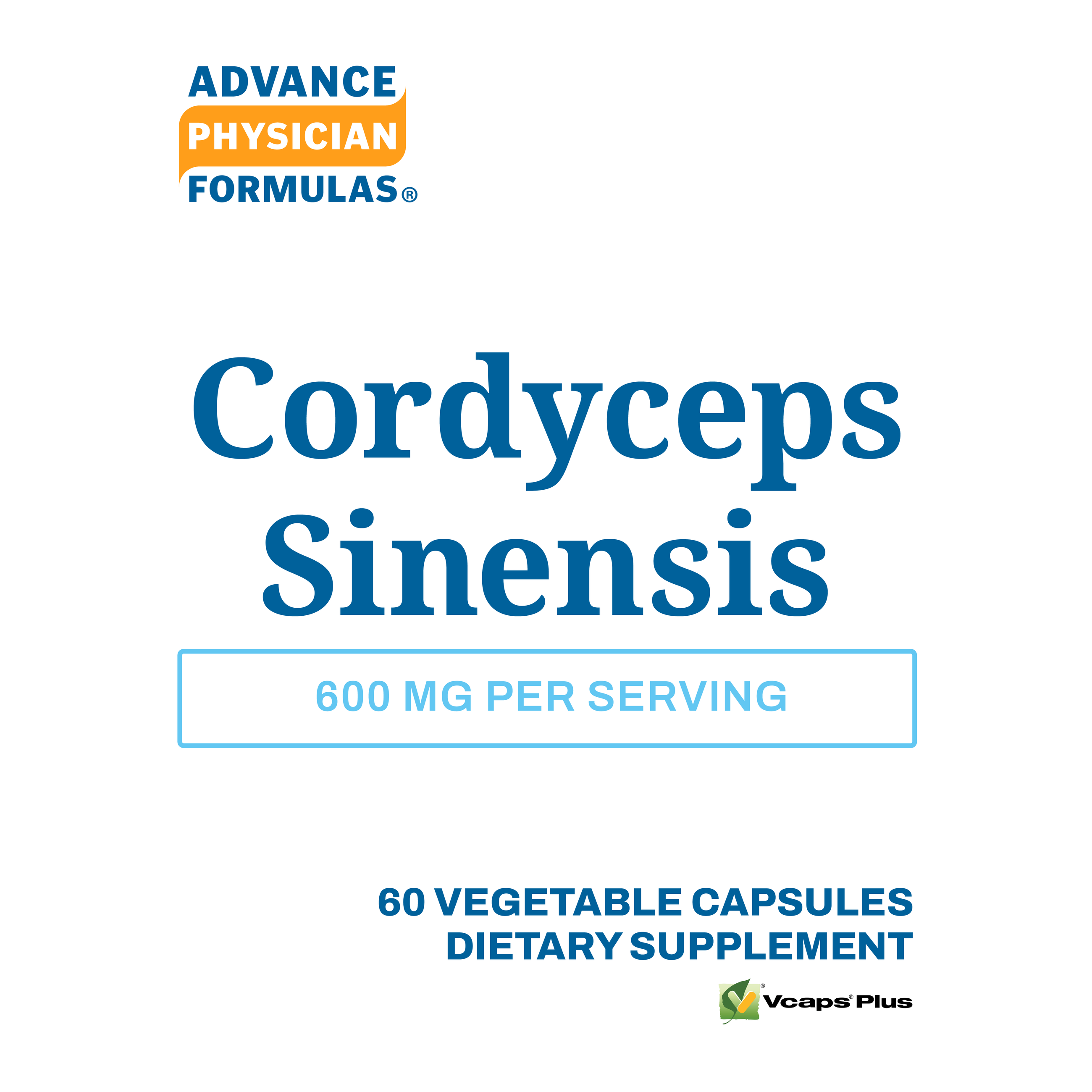 Dietary supplement packaging for Cordyceps Sinensis with branding and product details on a white background.