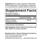 Supplement label with details on serving size, ingredients, and manufacturer information.