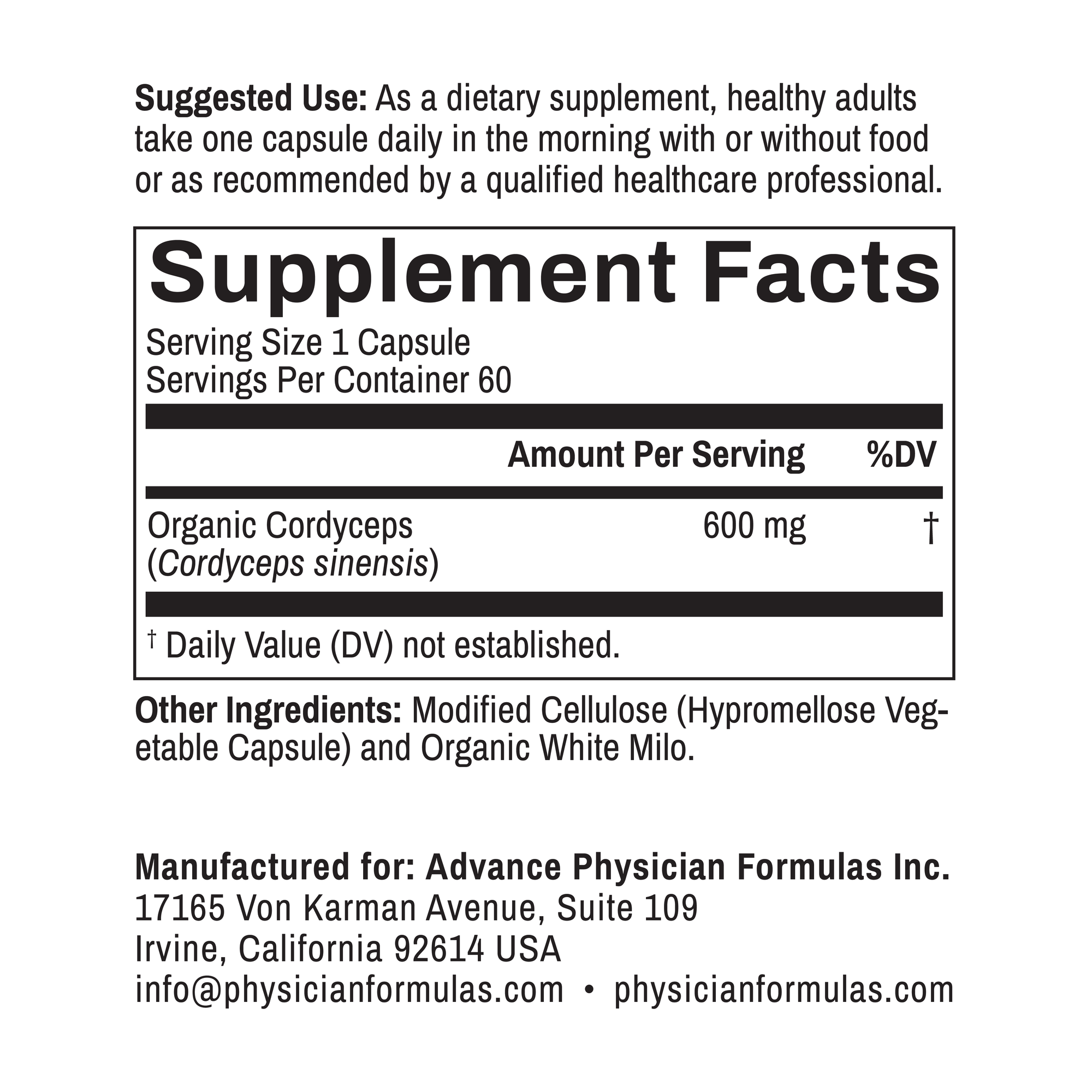 Supplement label with details on serving size, ingredients, and manufacturer information.