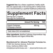 Supplement label with details on serving size, ingredients, and manufacturer information.